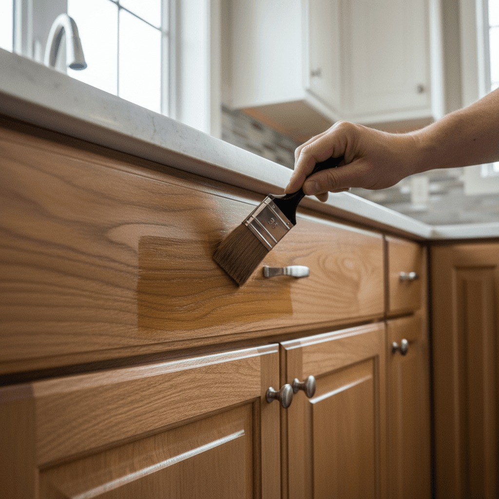 Craftsman applying finish to custom kitchen cabinets