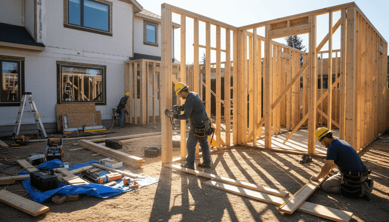Active construction site with carpenters framing new room addition walls using studs, nail guns, and measuring tools in daylight