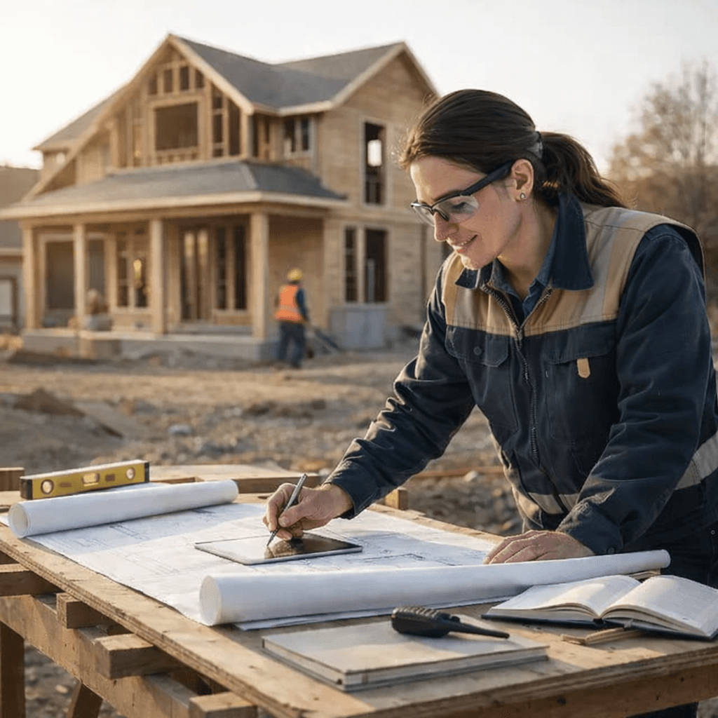 A female engineer reviews blueprints on a tablet at a residential construction site.